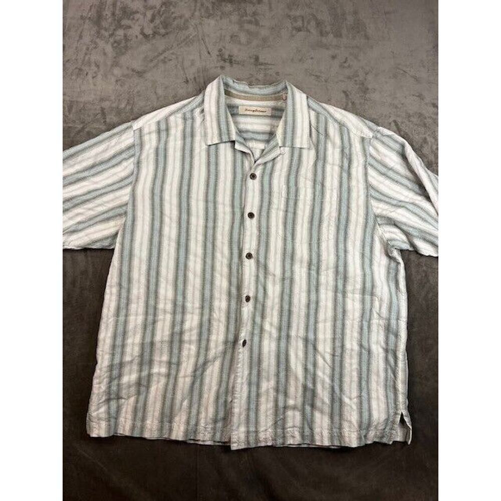 Tommy Bahama Mens XL Silk‎ Striped Short Sleeve Camp Shirt Blue Grey   100% Silk